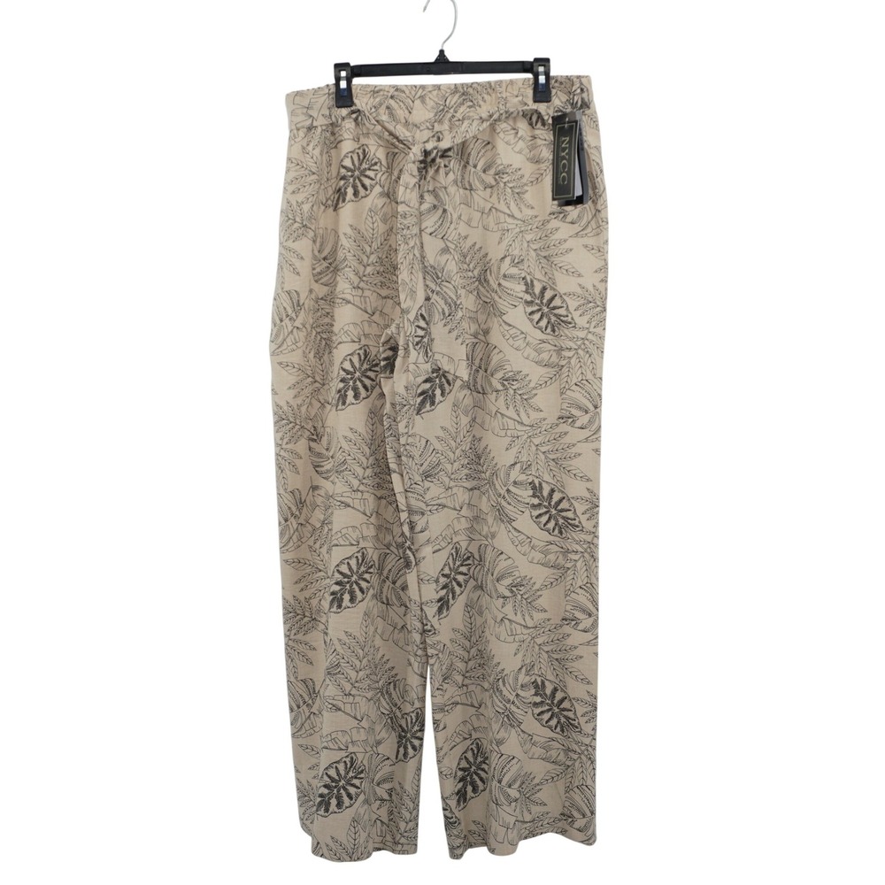 NYCC XL Wide Leg Pants Womens Beige Tropical Leaf Print Belted Summer‎ Relaxed